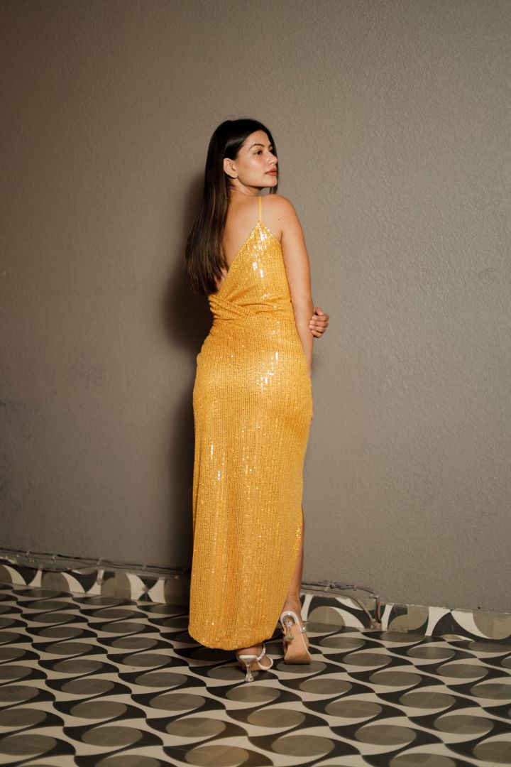 mustard sequin dress MISHA The Devon Sequin Dress in Metallic Gold