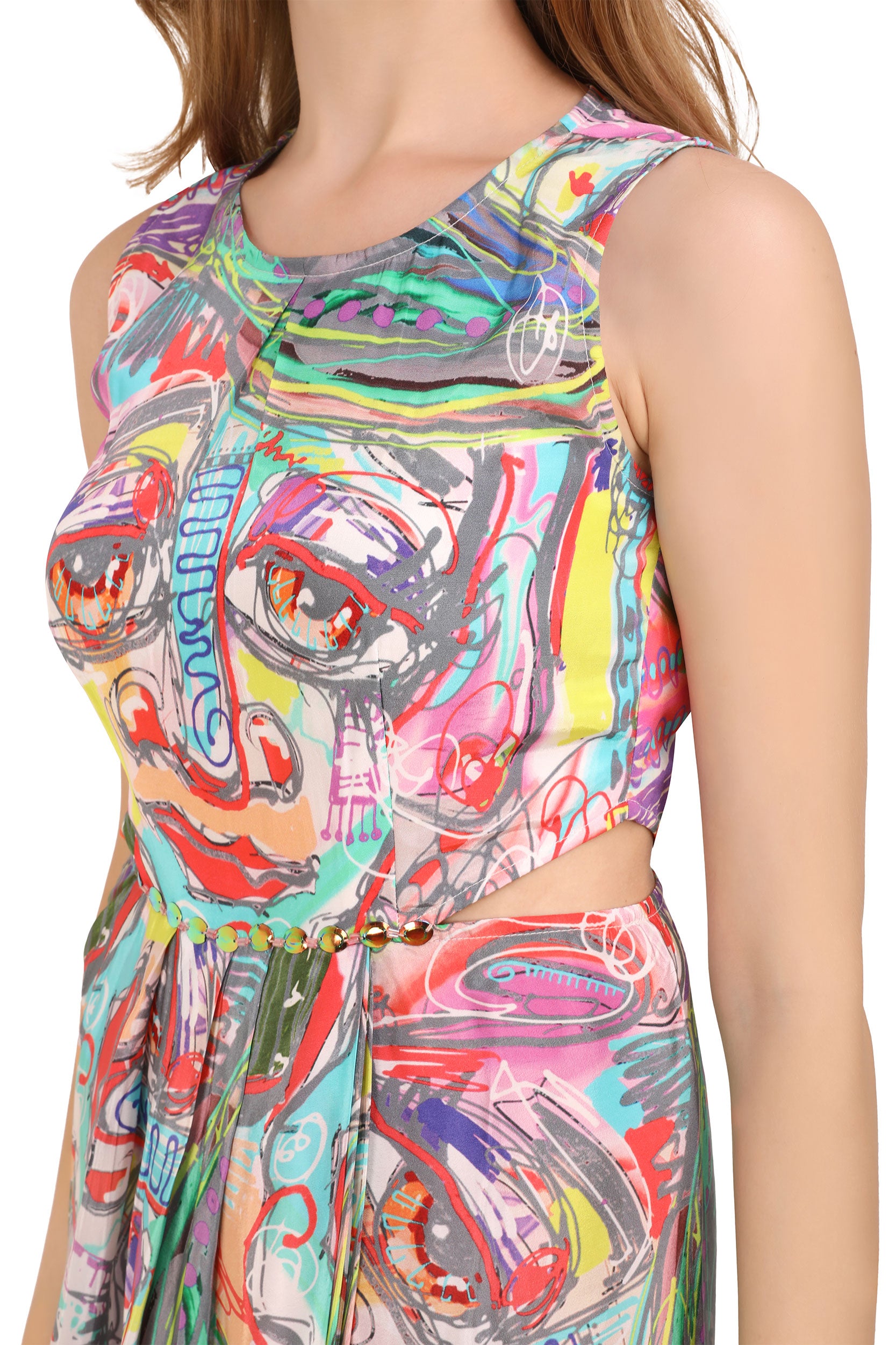 Digitally Printed Open Pleat Maxi Drape Dress