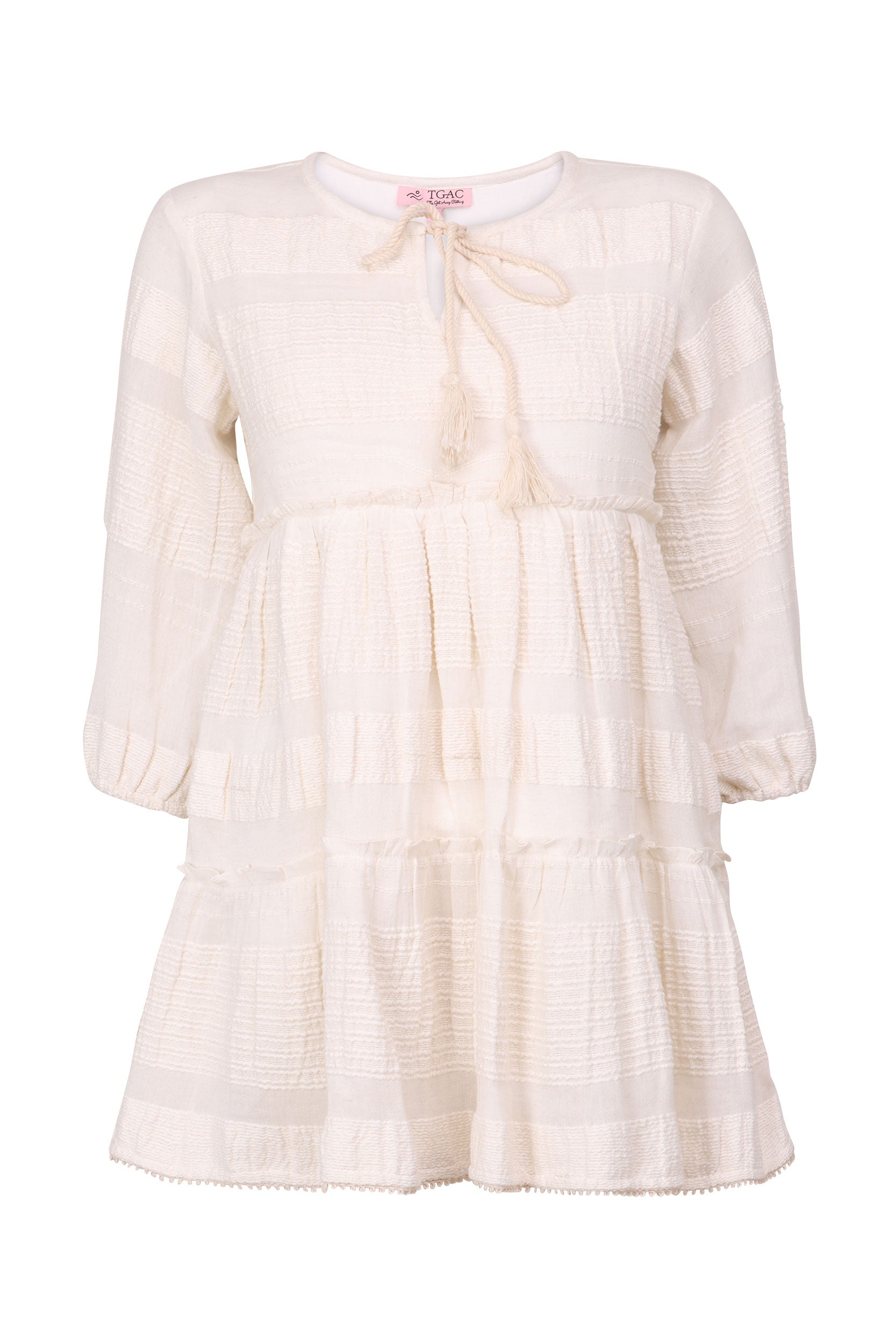 Off White Cotton Jacquard Mini Tiered Dress
