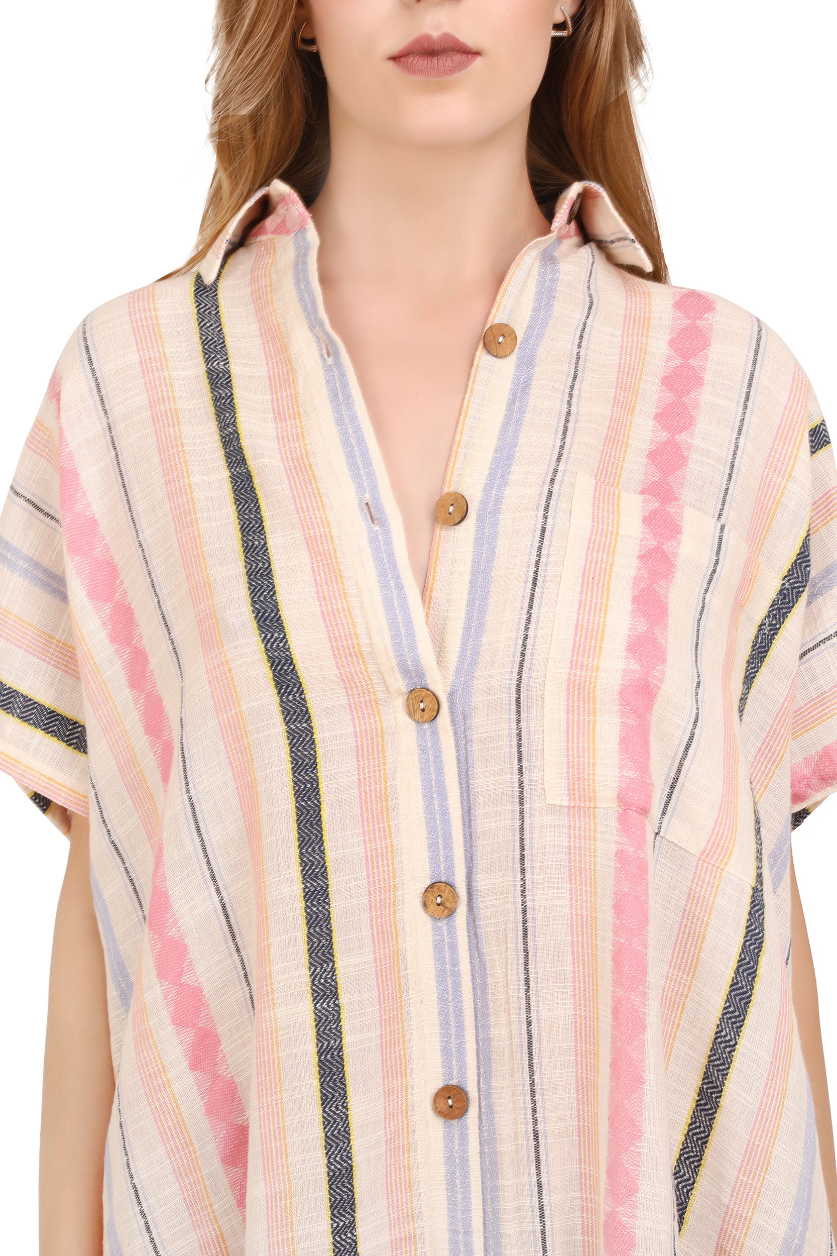 Multi Stripe Kaftan Shirt Dress with Short Sleeves