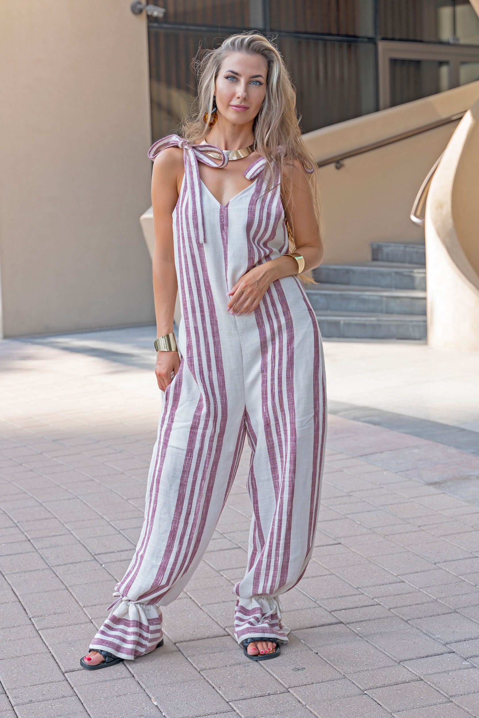 Knotted Striped Yarn Dyed Cotton Jumpsuit