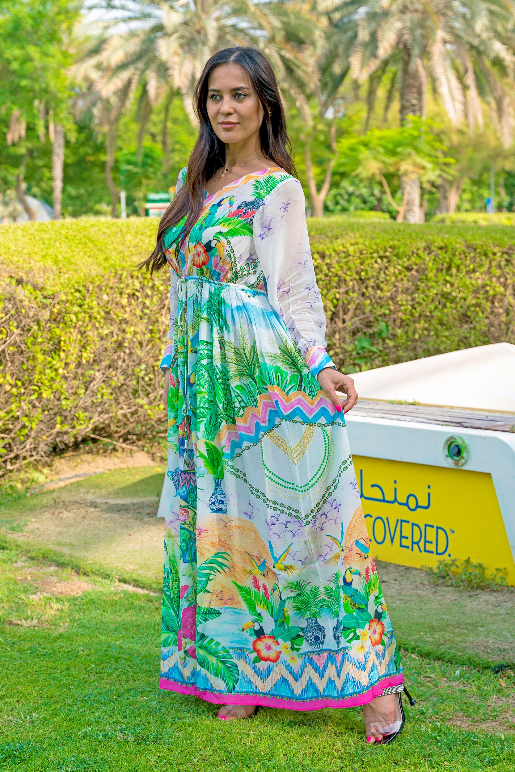 Cool Breeze Summer Print Maxi Dress with Long Sleeves