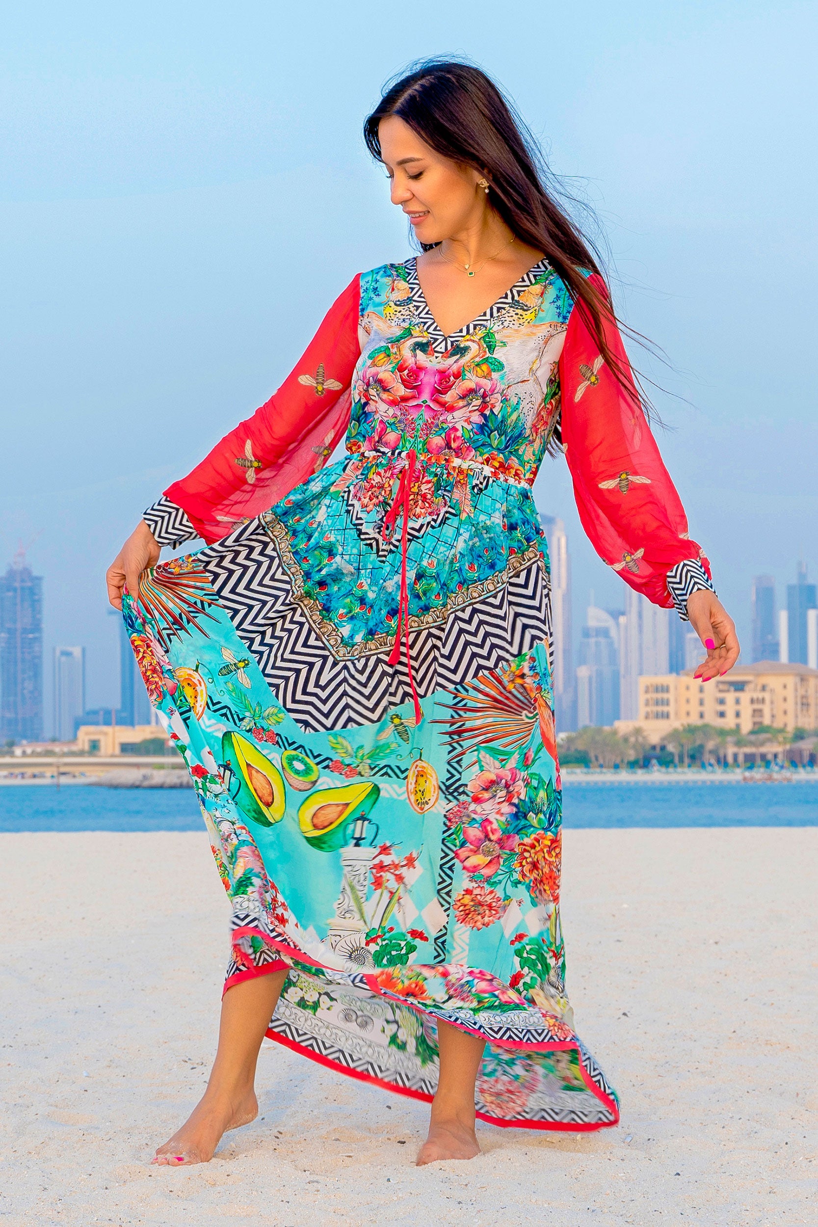 Tropical Print A-Line Maxi with Long Sleeves