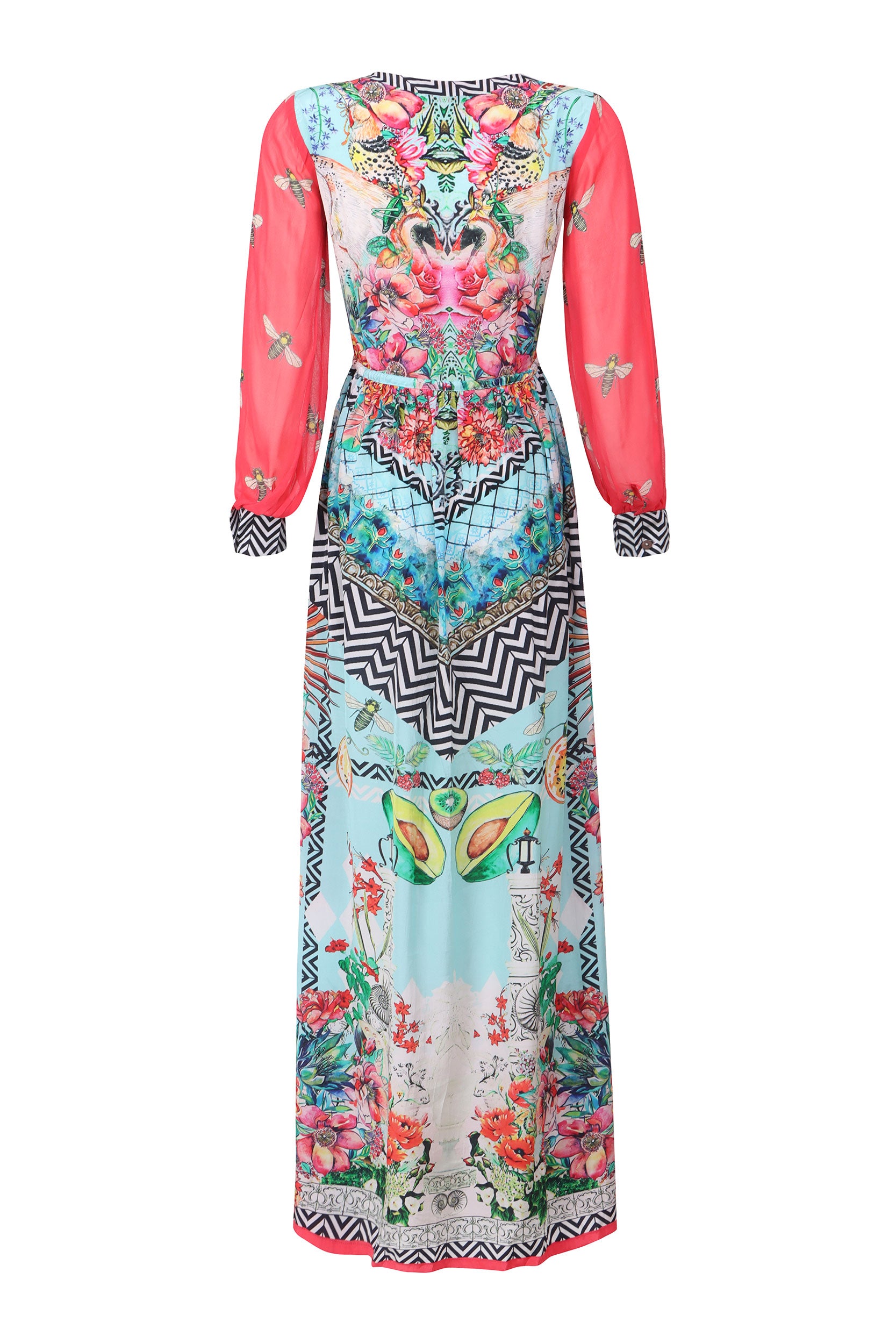 Tropical Print A-Line Maxi with Long Sleeves