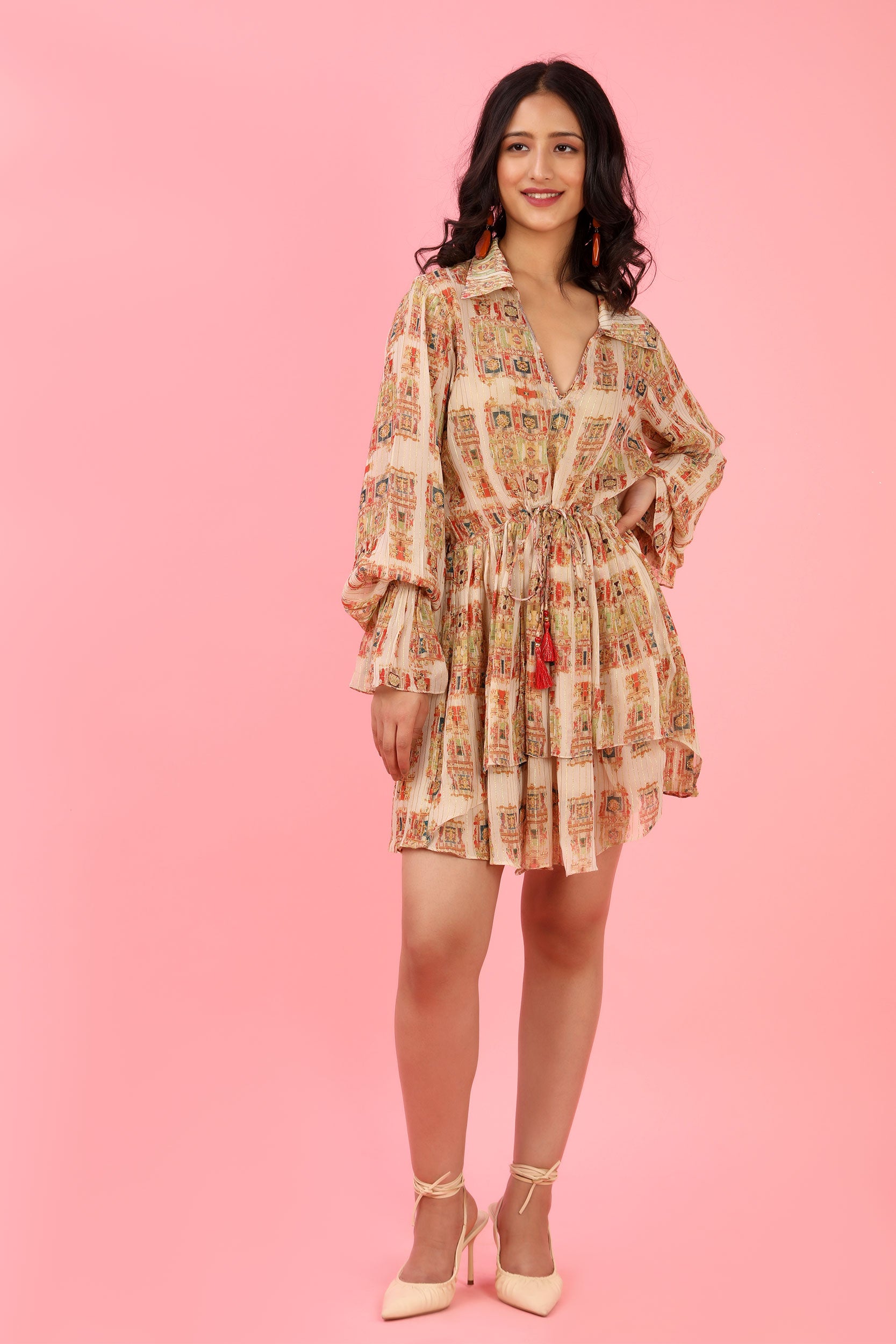 Broken Rug Pattern Blouson Dress